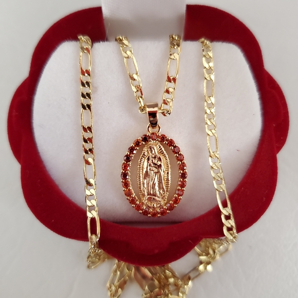Red Crystal Lady of Guadalupe Gold Plated Necklace & Bracelet - Picture 3 of 7